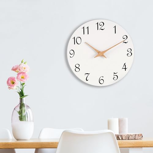Image of Mosewa Wall Clock White Silent Non Ticking Battery Operated Simple Minimalist Wooden Clock Decorative for Home Bedroom Living Room(14 Inch)