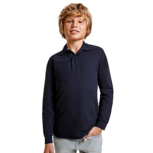 Polo à manches longues pour enfants 100 % coton col côtelé et trois boutons - T-shirt tendance pour enfant décontracté et sportif respirant, bleu marine, 8 ans Cover