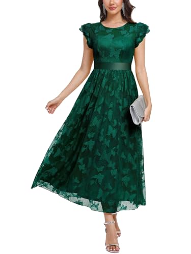 DEARMSROSE Women's Casual Tulle Midi Dress Ruffle Sleeve Crewneck Lace Flowy Dresses Party Wedding Guest Sundress(XL,Dark Green)