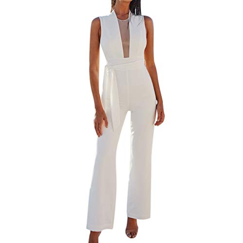 JiaMeng Casual Pantalones Ropa Vestir Cintura Alta Vendaje Mono Casual de Manga Corta con Cuello en V Ajustado Trajes Asimétrico Piernas Anchas