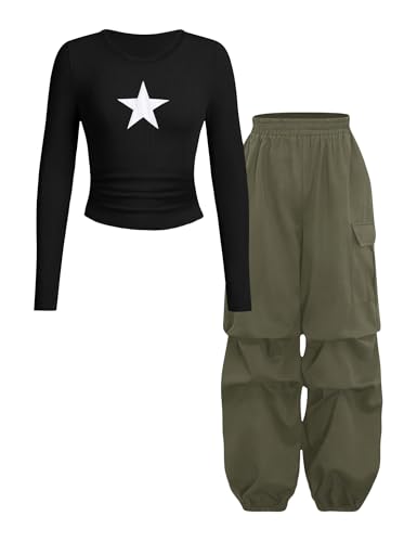 Cakaner Girls Fall Outfits 2 Piece Ribbed Tops and Cargo Pants...