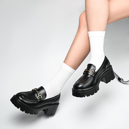 Image of Black Platform Loafers for Women - Women's Slip-On Leather Loafers, Chunky Comfort Shoes for Work & Dressy Occasions