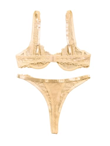Image of Lilosy Sexy Floral Lace Scallop Underwire Push Up Sheer Lingerie Set Outfits