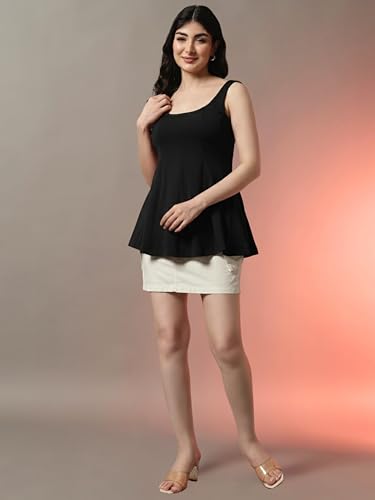 Image of Trend Arrest.ed Women's Polyester Sculpt Flare Top | Stretchable Sleeveless Fit & Flare Blouse with Scoop Back