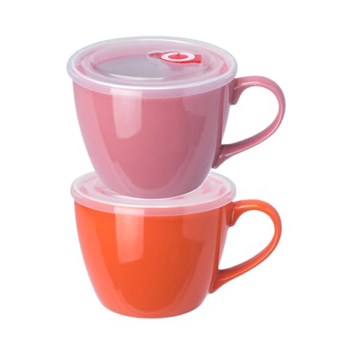 BOWLLER 30oz Porcelain Bowl with Lid and Handle for Soup, Salad, Cereal and Instant Noodles, Soup Mug with Heat Preservation Handle, Pink and Orange