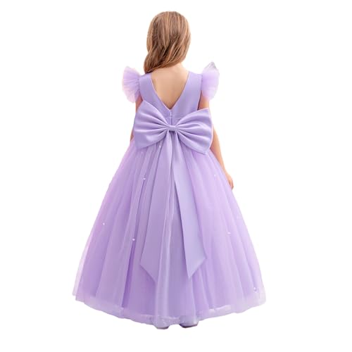 Flower Girl Dress V-Back Ruffle Sleeve Satin Tulle Wedding Guest Party Birthday Dresses Kids Pageant Communion Gown