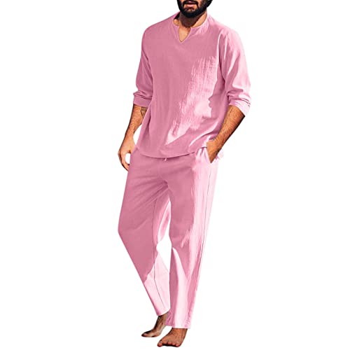 Beokeuioe Conjunto de pijama para hombre de algodón y lino, pijamas de dos piezas, camiseta de manga larga y pantalones de salón con cuello en V, camiseta de manga larga retro, B Rosa, S