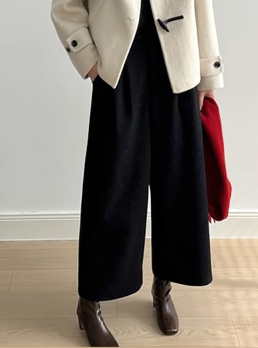 chouyatou Women's Fall Winter Wool Culottes Cropped Pants Elastic High Waisted Loose Wide Leg Palazzo3