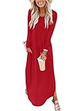ANRABESS Women's Long Sleeve Maxi Dresses 2025 Fall Outfits Casual Loose Split Travel Vacation T Shirt Dress with Pockets Bright Red X-Large