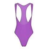 inlzdz Women's Sexy One Piece Sleeveless Open Bust High Cut Thong Leopard Bodysuit Swimsuit Purple Large