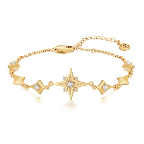 Cicy Bell Womens 18k Gold Plated Four Point Star Bracelets Cubic Zirconia Cross Station Link Bracelets Trend Jewelry Gift, 6.9