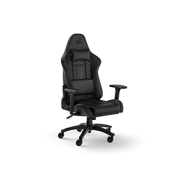 Corsair TC100 Relaxed-Gaming-Stuhl – Kunstleder – Vom Rennsport inspiriertes Design – Lendenkissen – Abnehmbares Nackenkissen aus Memory-Schaumstoff – Verstellbare Armlehnen – Schwarz