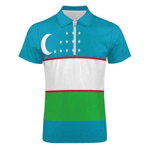 Polo homme zippé 1/4 au motif drapeau Ouzbékistan avec tissu technique séché rapide