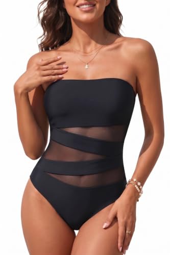Holipick Women Black Sexy One Piece Swimsuit Strapless Bathing Suits S