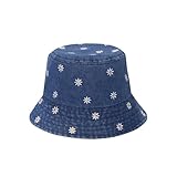 Vaqueros y sombrero de verano de algodón bordado con margaritas, parasol de viaje al aire libre, Azul medio, M