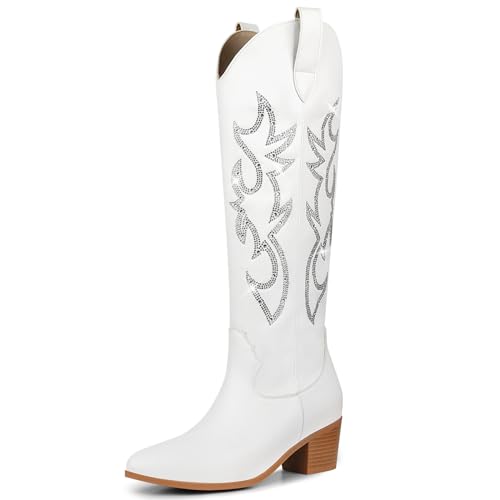 Image of STALOV Cowboy Boots for Women Pull On Chunky Heel Boots Knee High Cowgirl Boots Western Pointed Toe Boots Embroidered Suede Boots