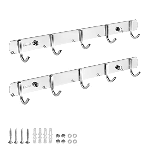 TooCust 2 Pack Thickened 304 Stainless Steel Coat Rack Wall Mount - 5-Hooks Wall Mounted Hook Racks, Brushed Nickel Coat Racks for Wall, Silver Wall Mount Hooks for Living Room, Kitchen, Bathroom