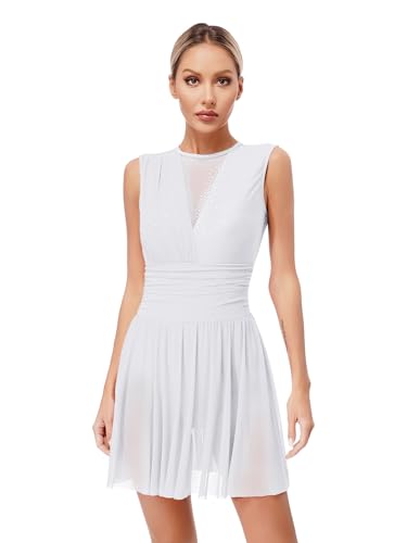 Nyeemya Robe Patinage Artistique Femme Strass Leotard Robe Danse Classique Justaucorps Gymnastique sans Manche Brillant Costume Spectacle Blanc S