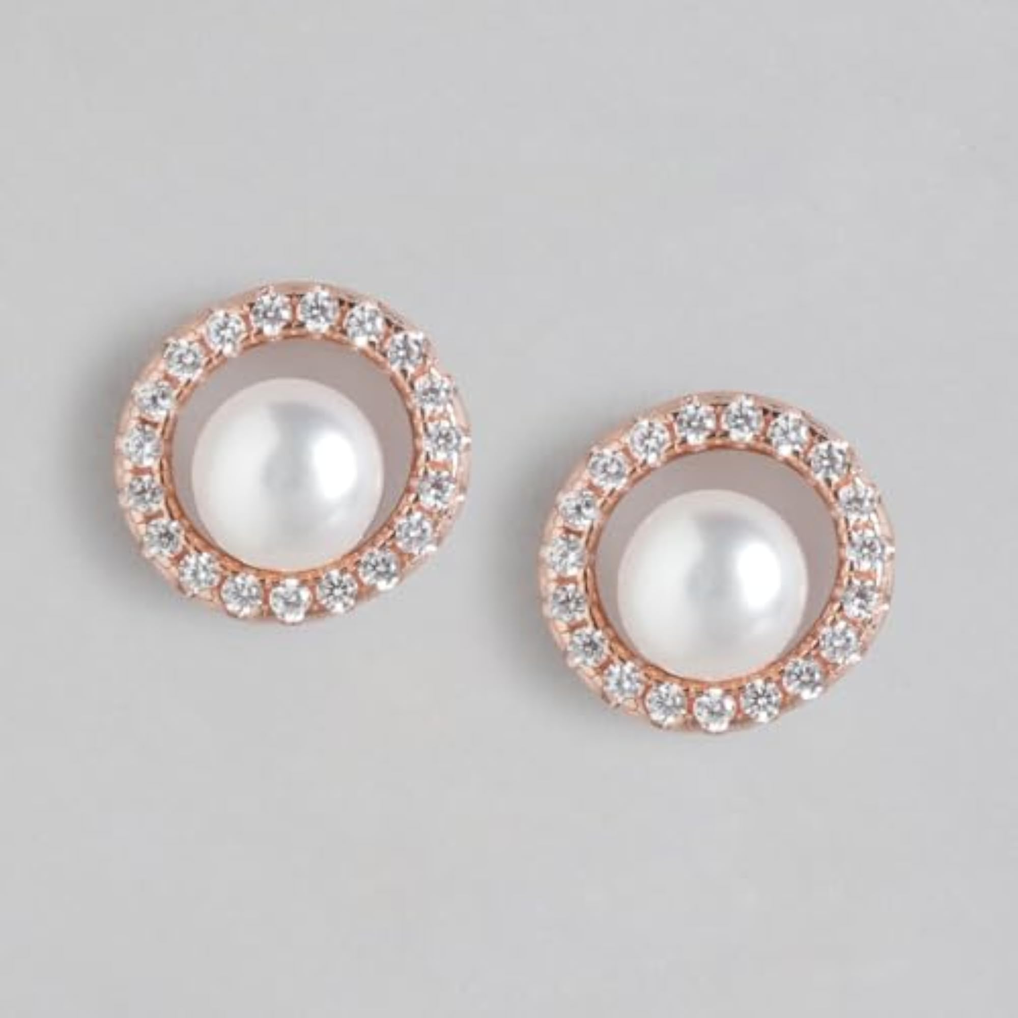 Women's 925 Sterling Silver CZ Encircled Pearl Rose Plated Stud Earrings