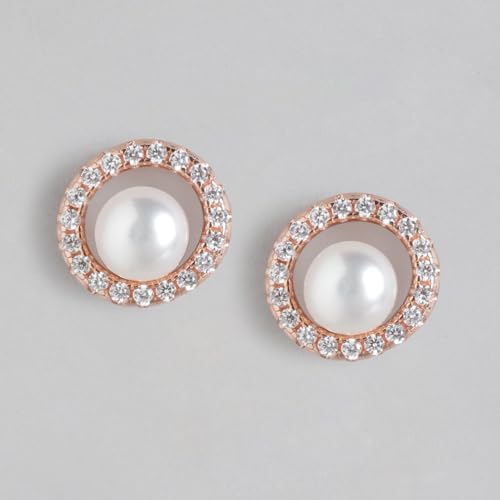 Women's 925 Sterling Silver CZ Encircled Pearl Rose Plated Stud Earrings