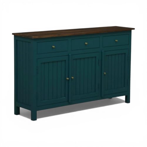 Image of Solid Wood Madrid 3 Drawer Sideboard Cabinet for Living Room | Premium Acrylic Emerald Green and Tubaq Finish | 130x35x80 cm