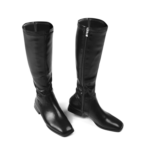 Image of GENSHUO Knee High Boots for Women Comfy Flat Heel Vintage Square Toe Fall Winter Solid Side Zipper Costume Knight Booties