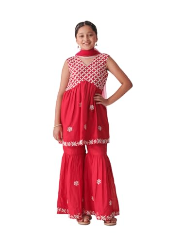 Pspeaches Girl's Silk Blend Sharara Set (Sha-Redchikankari-8-10Y_Red