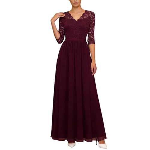 Robe ete femme chic taille longue avec dentelle fluide rouge S