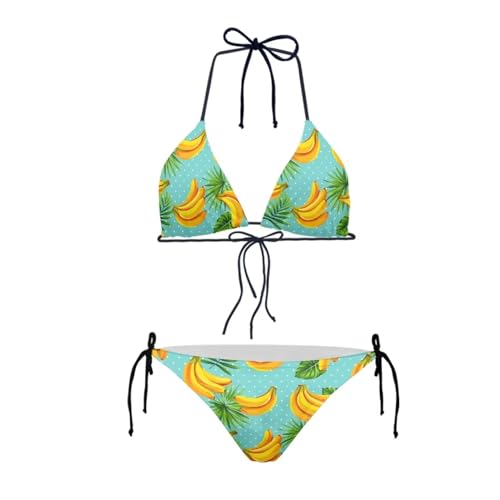 Annejudy Women's Halterneck Bikini Set, 2-piece, Triangle Swimsuits, Naughty Bow on the Side, Banana pattern, M