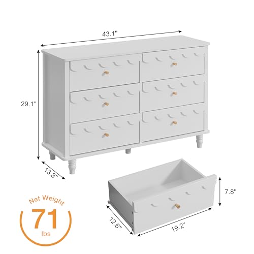 Image of Anbuy Nursery Chests and Dresser for Kids Bedroom Wood Scalloped 6 Drawer Dresser, Dressers & Chests of Drawers with Metal Handles for Bedroom, Nursery, Hallway(White)