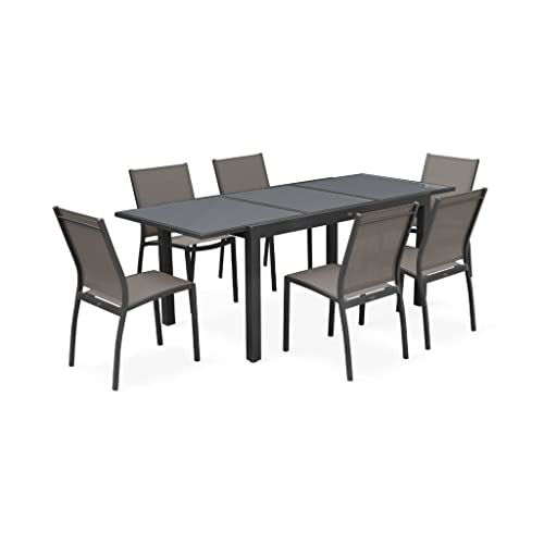 Alice's Garden - Table de Jardin Extensible Aluminium + 6 assises - Orlando Gris Taupe - Table en Aluminium 150/210cm. Plateau de Verre. rallonge et 6 chaises...