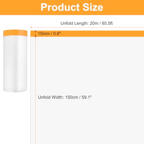 Image of HARFINGTON 6 Rolls Pre-Taped Masking Film 59.1 inch x65.6ft Tape and Drape Painters Plastic Drop Cloth Film with Tape Plastic Sheeting for Automotive Painting Covering