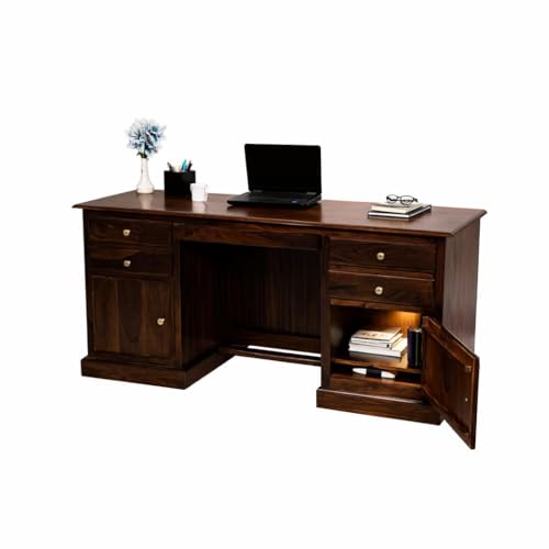 Image of Solid Sheesham Wood Office Desk with 4 Drawers & 2 Cabinets, Wooden Computer Table with Keyboard Tray & Footrest, Study Writing Desk for Home Office Furniture (Walnut Finish)
