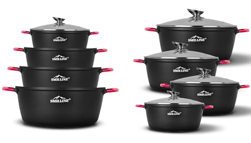 SMHLINE - Cacerola de aluminio fundido para inducción, diámetro de 32 cm, con tapa de cristal, antiadherente, apta para todo tipo de fuegos