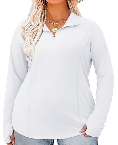 LOMON Women's Plus Size Long Sleeve Shirts Sun Protection 1/4 Zip Summer Quick Dry Hiking Shirts Quarter Zip Pullover Women（White,4XL）