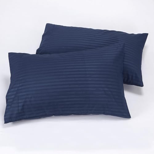 Image of BSB HOME 210 TC Premium Glace Cotton Striped /Lining Plain Bedsheet for Double Bed King Size with 2 Pillow Covers for Home-Hotels-Guest House-Blue