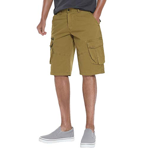 FoxQ Men's Premium Twill Cargo Shorts Classic Relaxed Fit Stretch Multiple Pockets (Khaki, 38)