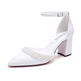 Winflag Block Heel Wedding Shoes for Bride Pointed Toe Pearl Heels Ankle Strap Wedding Heels Bridal Shoes-White-8cm-6