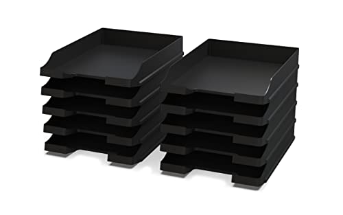 Detectalia Set de 20x Bandejas portadocumentos tamaño A4 Negro   Organizador Escritorio apilable   Bandeja plástico para Oficina   Archivador Papeles   Cestas de Correo   35x25x5,2 cm