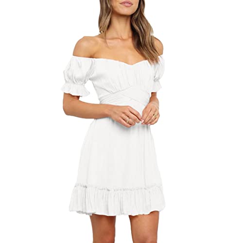 Blooming Beauty Damen Sommerkleid Schulterfrei Minikleid Kurzarm V-Ausschnitt Rüschen Kurz Kleid Elegant Sexy Partykleid Cocktailkleid Skaterkleid mit Gürtel (Weiß, S) Cover