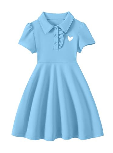 Hilinker Toddler Girls Ruffle Short Sleeve Polo Dress Cute Heart Print Uniform Dresses