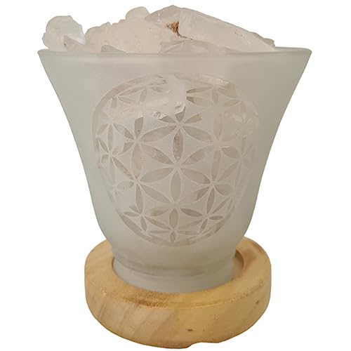 Lampe Cristal de Roche Mani Bhadra d'exception avec gravure Fleur de Vie