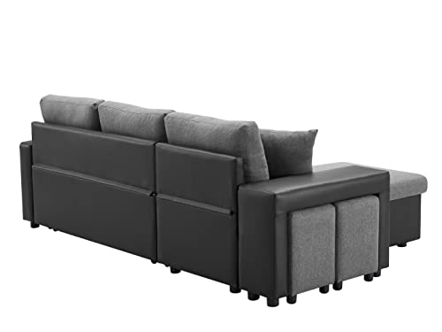 Sithas Linen Reversible Sectional Couch Pull Out Sleeper Sofa And Chaise With Storage And 2 Steel Sstools #TOP5