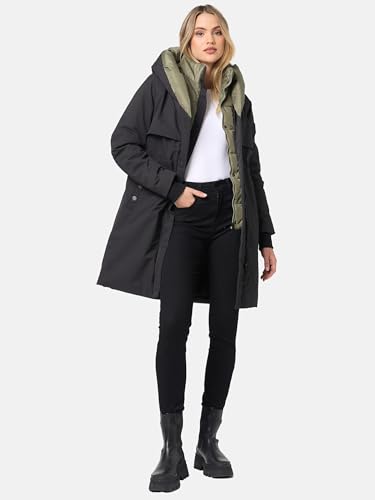 Navahoo Damen Mantel lange warme Winter Steppjacke mit Kapuze und magnetischen Elementen Snowelf Black Gr. M