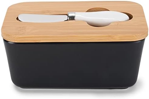 Nat & Jules Matte Black 6.5 x 4 Ceramic and Bamboo Butter Dish With Knife Lid