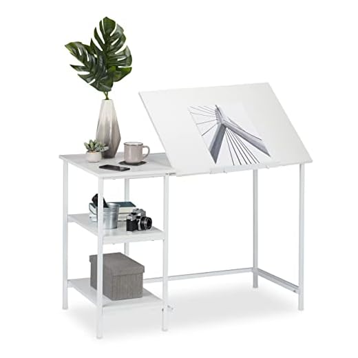 Relaxdays Escritorio reclinable, Tres estantes, Ajustable, Mesa de PC, Aglomerado, Hierro, Blanco, 75 x 110 x 55 cm