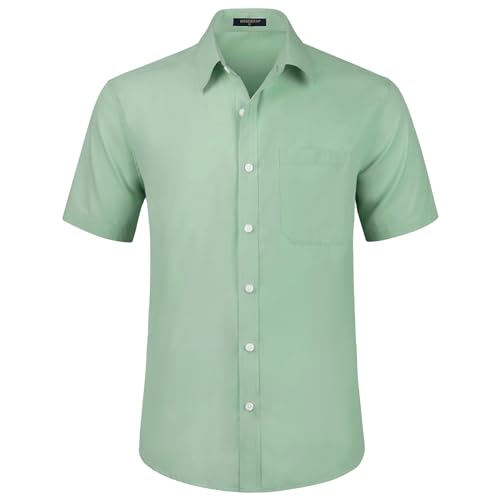 HISDERN Chemise Vert Sauge à Manches Courtes pour Hommes Chemise d'été décontractée Coupe régulière Boutonnée Chemise habillée Formelle avec Poche...