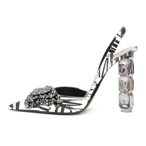 FYS Women Slip on Pointed Toe Slingback Sandals Crystal Rhinestones D'Orsay Pumps Chunky High Heel Slide Shoes Dress Wedding Prom Shoes2