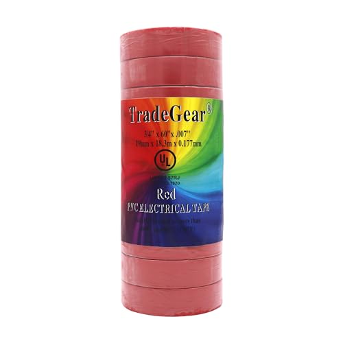Image of TradeGear Red 10 Pack - UL Listed Colored Electrical Tape, 60 ft x 3 /4 in, 600V, Flame Retardant, Waterproof, Rubber Adhesive - Phase Marking, Wire ID, Automotive