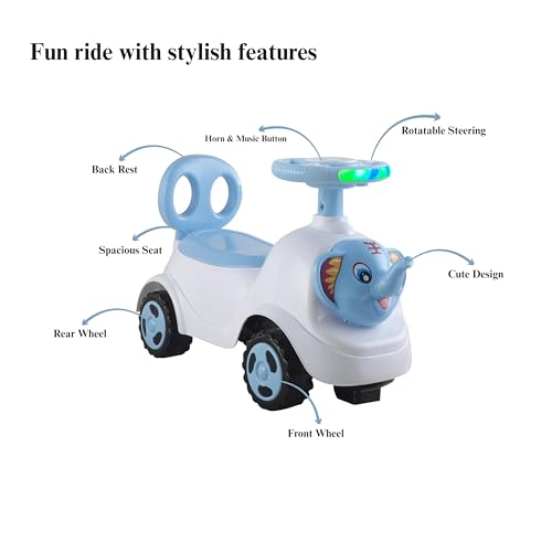 Image of kidsROAR Push Ride On Car for Kids 1-5 Years | Baby Push Car with Music, 3D Lights & Backrest | Premium Ride On Toy Supports Up to 35kg (Elephant, Blue)
